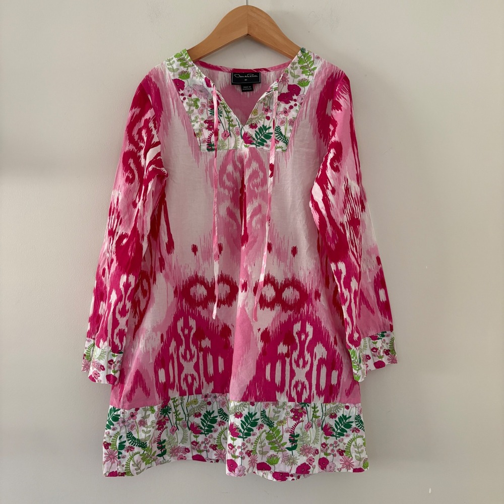 Oscar de la Renta Kids Pink Ikat Floral Garden Print Tunic Dress 8Y Portugal